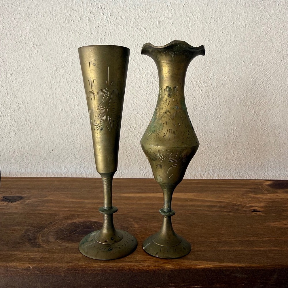 2pc Vintage Etched Brass Bud Vase Set of 2 Made in India Scalloped Rim